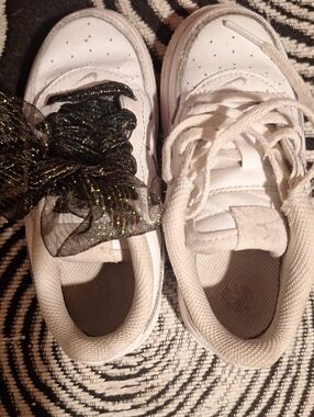 Nike Kids Air Force One, White Sneakers with Black Glitter Bow